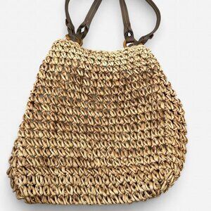 Boho Woven Straw Tote Bag | Wood Ring Handles | Lined + Zip Pocket